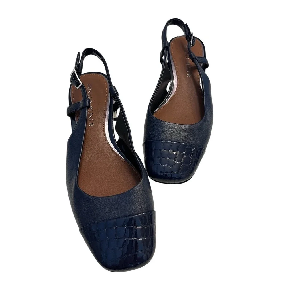 New DONALD PLINER Sz 6M Heels Davina Slingback Navy Blue Croc Embossed Cap Toe